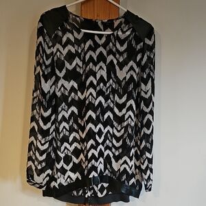 Black & White Flowy Long-Sleeve Blouse With Leatherette Trim